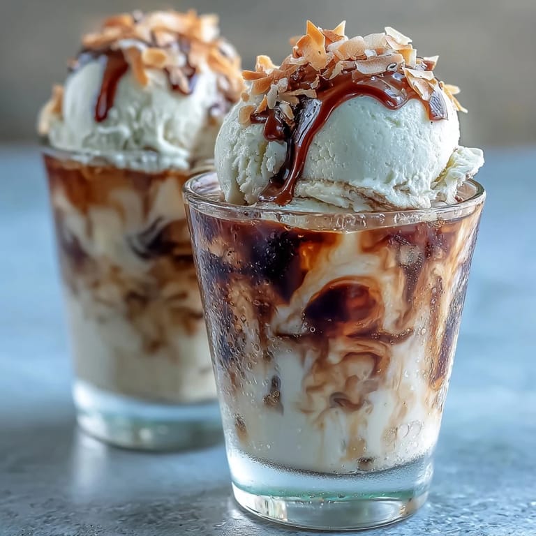Tropical coconut cold brew float with scoops of vanilla bean ice cream.