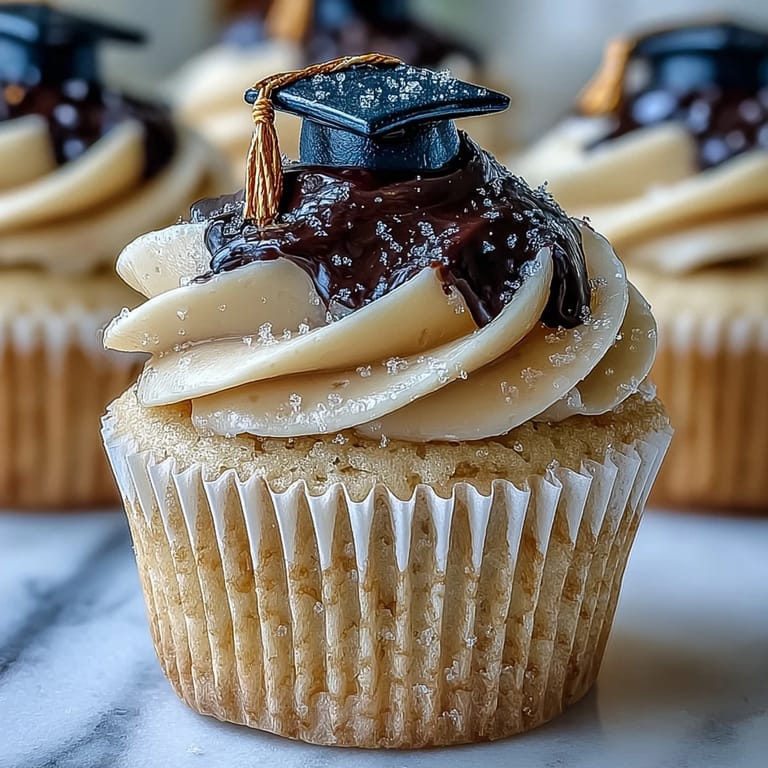 Vanilla Graduation Cupcakes topped with fluffy buttercream and charming edible graduation caps.