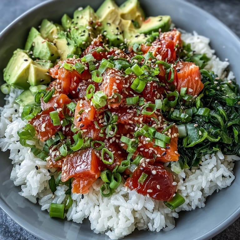 Build your own Salmon Poke Bowl with colorful, healthy ingredients.