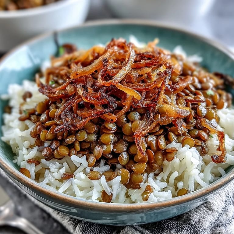 Mouthwatering Levantine Mujadara, boasting hearty lentils, fragrant rice, and golden onion topping.