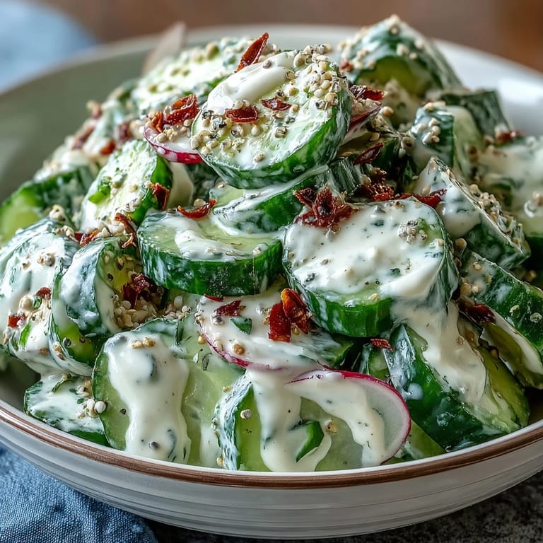 Vibrant Viral Cucumber Salad with Cream Cheese dressing, generously topped with everything bagel.