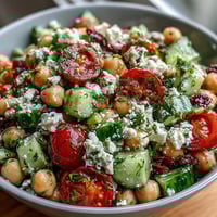 Mediterranean Chickpea Salad with Cucumber and Feta - Crisp cucumber, juicy tomatoes, and creamy feta tossed with protein-rich chickpeas in a bright lemon-oregano dressing.