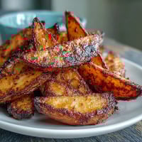 Crispy air-fried potato wedges with golden edges served alongside a creamy spring onion dip in a white bowl.  