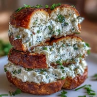 Freshly baked garlic herb protein bagels topped with creamy cottage cheese spread, garnished with chives and parsley for a savory breakfast treat.