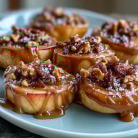 Candy apple slices drizzled with creamy peanut butter and topped with crunchy peanuts for a delightful dessert.