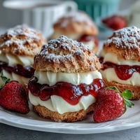 Clotted cream and strawberry jam thumbprint cookies on a white plate, golden edges and jam-filled centers invitingly arranged for teatime.
