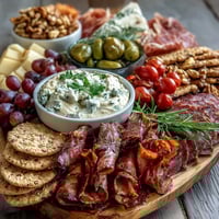 Housewarming Party Charcuterie Board with Dips and Crackers featuring cured meats, cheeses, fresh fruits, and nuts arranged for a festive gathering.