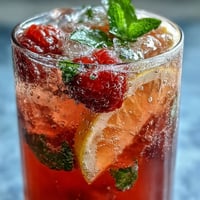 A vibrant Raspberry Lemon Spritz Mocktail with fresh raspberries, zesty lemon slices, and sparkling water, served over ice and garnished with mint leaves.