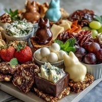 Spring Charcuterie: Mini Easter Basket Treat Board with colorful cheeses, cured meats, and sweet candies arranged in festive basket shapes for a joyful spring celebration.