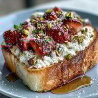 Creamy Strawberry Honey Ricotta Toast with pistachios, a vibrant breakfast delight.