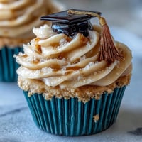 Festive Graduation Cupcakes adorned with shiny black and gold fondant caps.